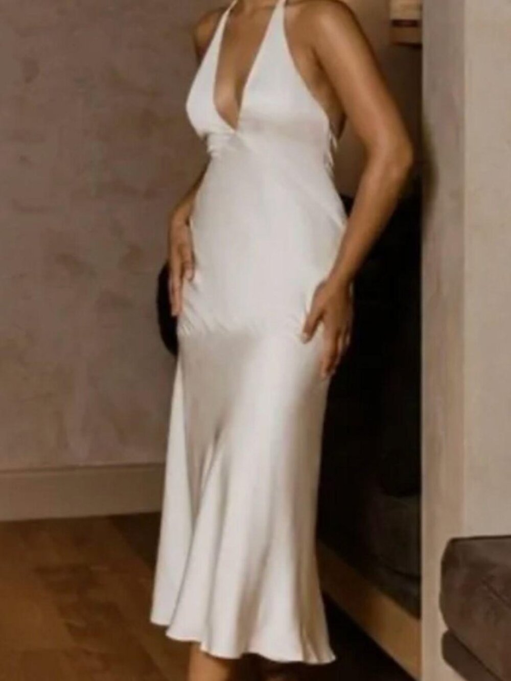 Meshki Women's White and Cream Satin Midi Graduation Dress in Size XS